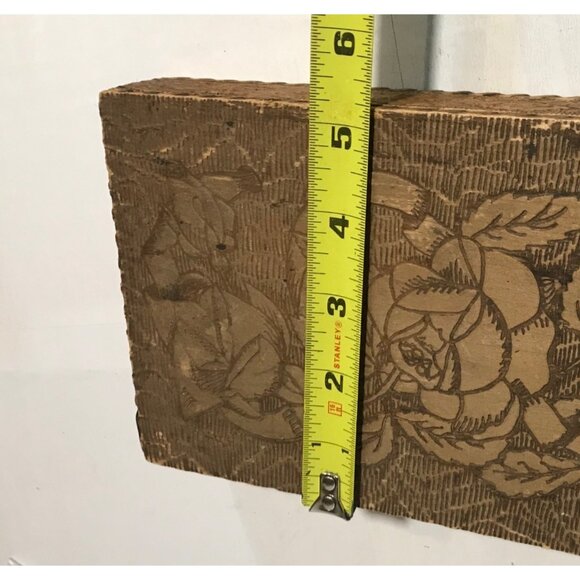 Wooden Trinket Scarf Box Vintage Hand Carved Floral Design Wood Burning Rustic - Picture 9 of 16